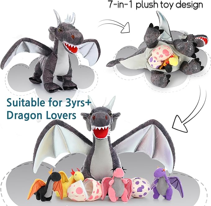 MorisMos Dragon Stuffed Animals with Baby Inside, 21 Inch Stuffed Dragon Plush Toy Set. Gift for Kids, Boys, Christmas, Gray