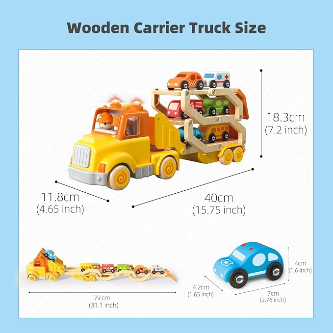 Toddler Toys for 2 3 4 5 Years Old Kids, Transport Car Carrier Truck Toy with 6 Wooden Vehicle, 30in Foldable Track Trailer with Light & Sound Effects, Best Gift Choice for Christmas, Birthday