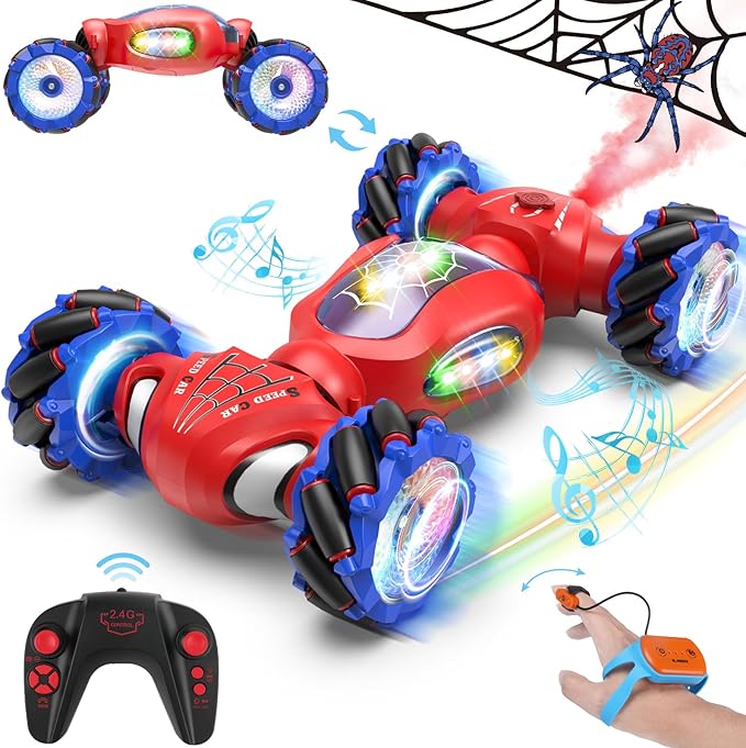 Spider Remote Control Car Toys for 6-12 Boys Girls, Birthday Gifts for Kids, 2.4Ghz 4WD Gesture Sensing RC Stunt Car with Light & Music & Spray, Double-Sided 360° Rotating Hand Control