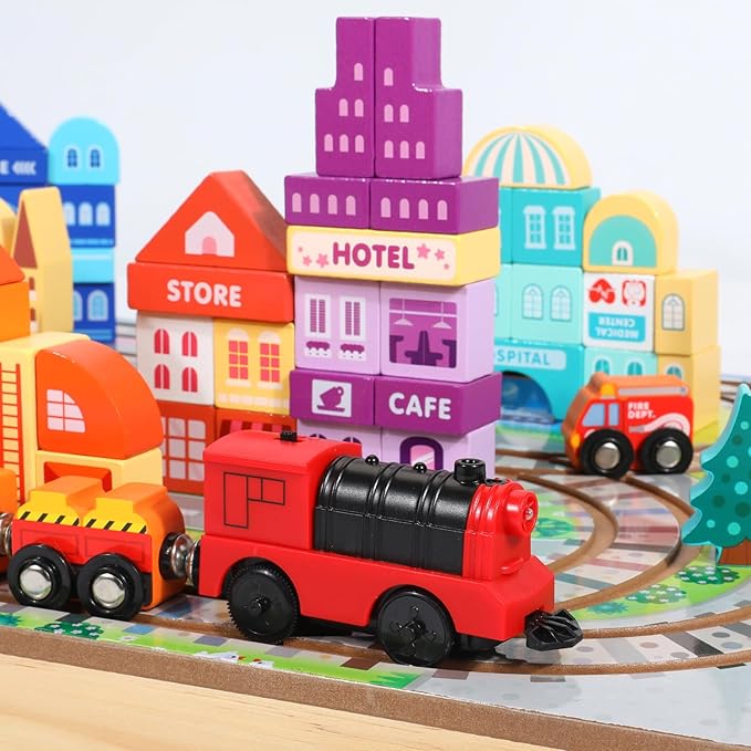 Large Wooden Building Blocks Set, Electric Train City Construction Stacking Blocks Preschool Learning Educational Toys,Wooden Take-Along Tabletop Railroad Play Set for Toddlers