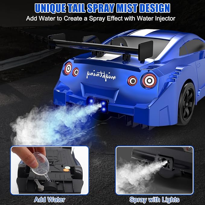 Dollox RC Drift Car 1/16 Scale Remote Control Car 2.4GHz 4WD High Speed 18+KM/H Vehicle with LED Lights and Spray, Extra Drifting Tires Racing Vehicle Toys Birthday Gifts for Adults Boys, 2 Batteries