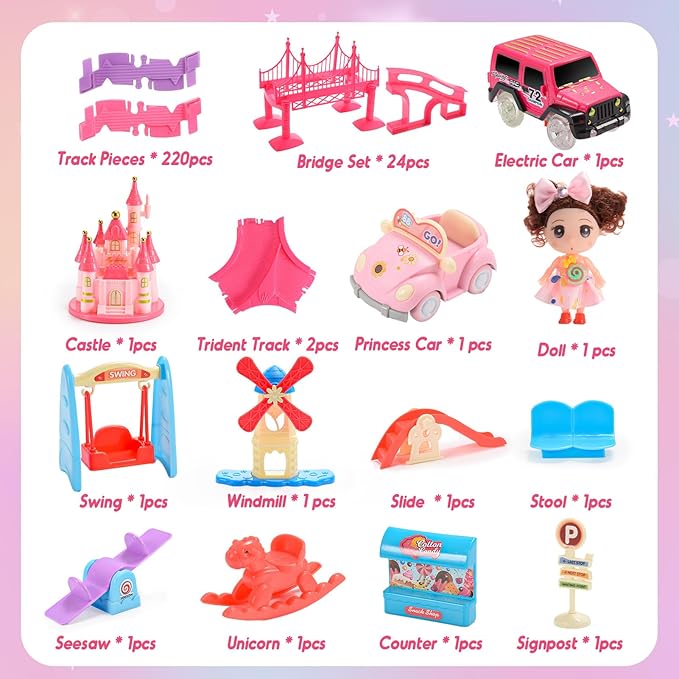 Princess Toys: 258pcs Toys for 3 4 5 6 Year Old Girls Kids Car Track Set with Doll Caslte Car 4 Year Old Girl Birthday Gifts for Toddler Girls Age 3-5 3-6