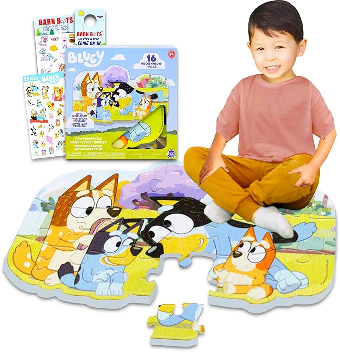 Bluey Foam Puzzle Mat Set - Bundle with 16 Pc Foam Floor Puzzle for Kids Plus Stickers, More | Bluey Jigsaw Puzzles for Kids, Boys, Girls