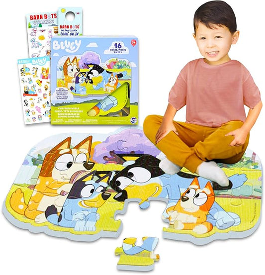 Bluey Foam Puzzle Mat Set - Bundle with 16 Pc Foam Floor Puzzle for Kids Plus Stickers, More | Bluey Jigsaw Puzzles for Kids, Boys, Girls