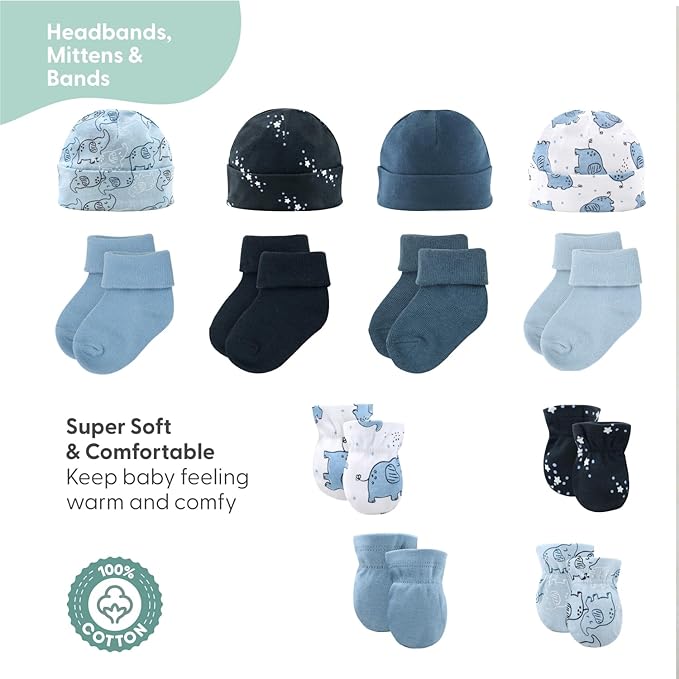 The Peanutshell Baby Layette Gift Set for Boys - 30 Piece Layette Set, Newborn to 9 Months Baby Boy Clothes - Elephant Blue