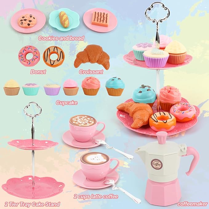 Afternoon Tea Toys Set Pretend Play Food Toys for Toddler Girls, Party Tea Playset Toy Gifts for 3 4 5 6 Year Old Girl Boy Kids Toddlers