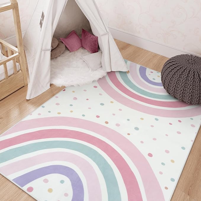 STARUIA 3x5 Rainbow Rug for Nursery Kids Room, Pink Carpet Soft Polka Dot Rug for Girl Bedroom, Non-Slip Small Washable Kids Area Rug for Playroom Princess Tent Castle