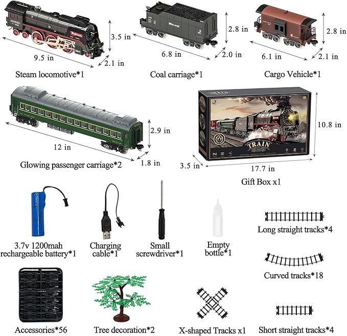 Train Set for Kids, Electric Train Toys with Realistic Light Sounds Smoke, Christmas Train Model Gifts for Toddlers Boys Girls, Steam Locomotive, Luxury Track & 2 Glowing Passenger Carriages