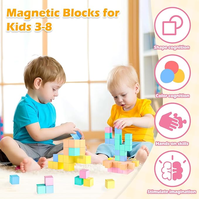 Doloowee 50 PCS Magnetic Blocks, Magnetic Building Cubes Macaron Magnetic Building Blocks for Kids Ages 4-8, STEM Preschool Toys Montessori Sensory Magnet Toys for 3 4 5 6 Years Old Boys Girls