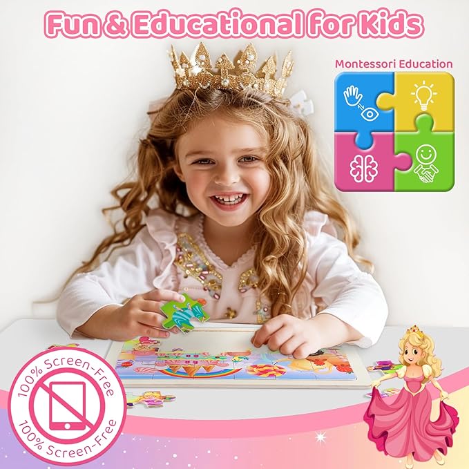 Wooden Puzzles for Kids Ages 3-6+ Unicorn Mermaid Princess Fairy 4 Pack Puzzles for Girls, 24-Piece Toddler Puzzles, Educational Preschool Birthday Christmas Easter Gifts for 3 4 5 6 Year Old Girls