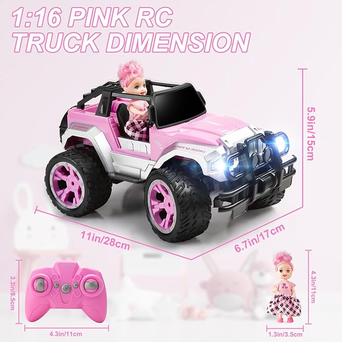 Remote Control Car for Girls, Pink RC Car with Doll and Sticker for Ages 6-10 Years Old Girls, 80 mins with Rechargeable Battery, 1:16 Scale 2.4Ghz, ,OX11S Perfect Christmas Birthday Gifts for Grils