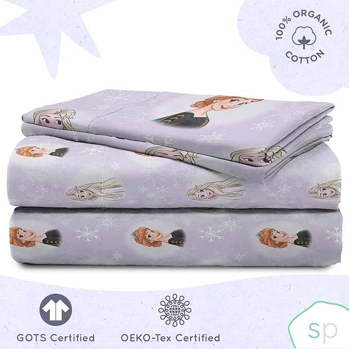 Saturday Park Disney Frozen Watercolor Queen Sheet Set - 4 Piece 100% Organic Cotton Sheets Featues Elsa & Anna - GOTS & Oeko-TEX Certified (Disney Official)