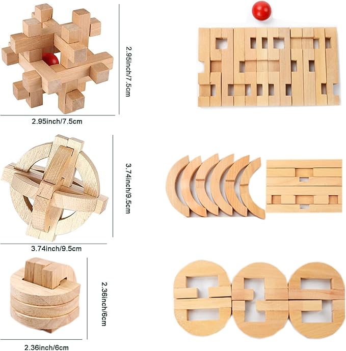 Arlai 12 pcs Wooden Brain Teaser Puzzle and Metal 3D Unlock Interlocking Jigsaw Educational Toy for Kids and Adults Brain Games Durable Easy to Assemble Birthday Gifts Educational Toys