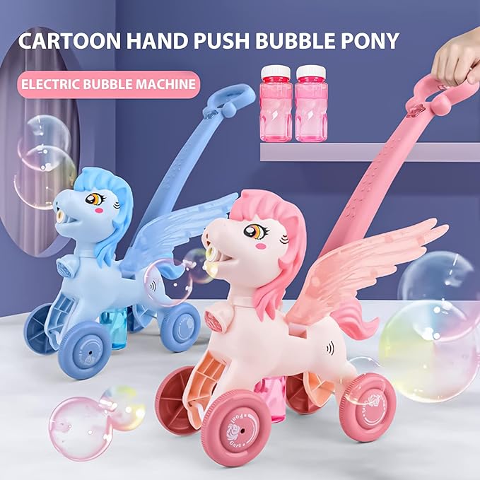 Pink Bubble Machine Blower Maker Lawn Mower Walking Toy Christmas Basket Stuffers Outdoor Summer Girls Kids Toddler 1st Birthday Best Gift for 1 2 3 Year Old Unique Cute Valentines Day Unicorn Gifts