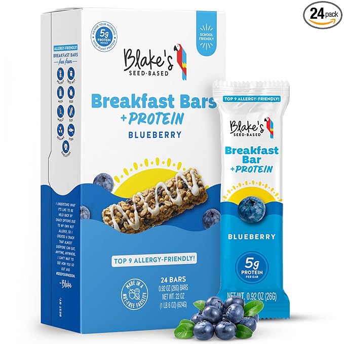 Blake's Seed Based Breakfast Bars with Protein — Blueberry (24 Count), 5g Clean Plant-Based Protein, Gluten Free, Nut Free, Dairy Free & Vegan, Healthy Snacks for Kids or Adults, School Safe