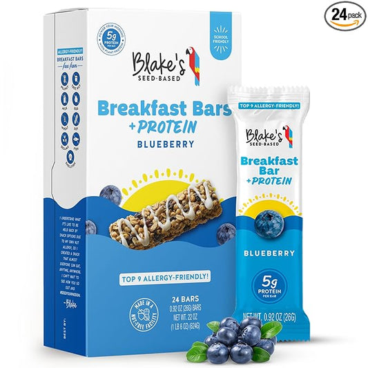 Blake's Seed Based Breakfast Bars with Protein — Blueberry (24 Count), 5g Clean Plant-Based Protein, Gluten Free, Nut Free, Dairy Free & Vegan, Healthy Snacks for Kids or Adults, School Safe