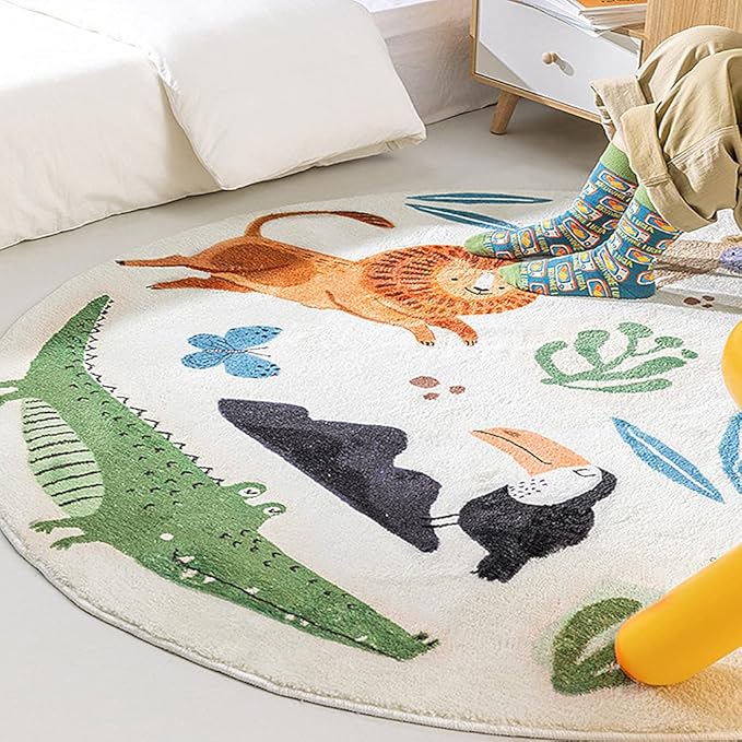 Poowe Kids Play Rug, Lovely Forest Round Area Rug Nursery Door Mat Soft Plush Non-Slip Carpet for Bedroom Living Room Playroom, 39.4