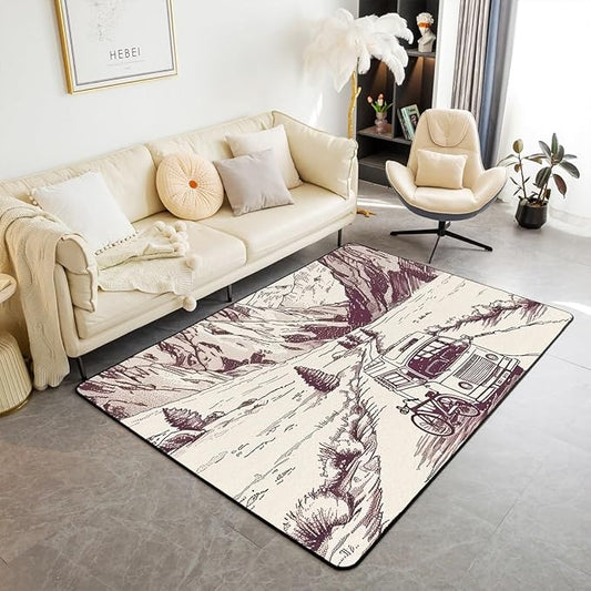 Erosebridal Hand Drawn RV Area Rug 3x5 Cartoon Camper Car Rug for Adults Kids Retro Mountain Bike Carpet Family Students Camping Travelling Bedroom Non Slip Decorative Rug