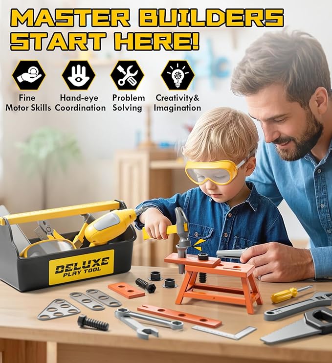 Lehoo Castle Kids Tool Set with Electric Toy Drill ＆ Tool Box ＆ Take Apart Construction Toys, Pretend Play Tool Set for Toddlers 3-5, Montessori Tool Box for Boys Girls