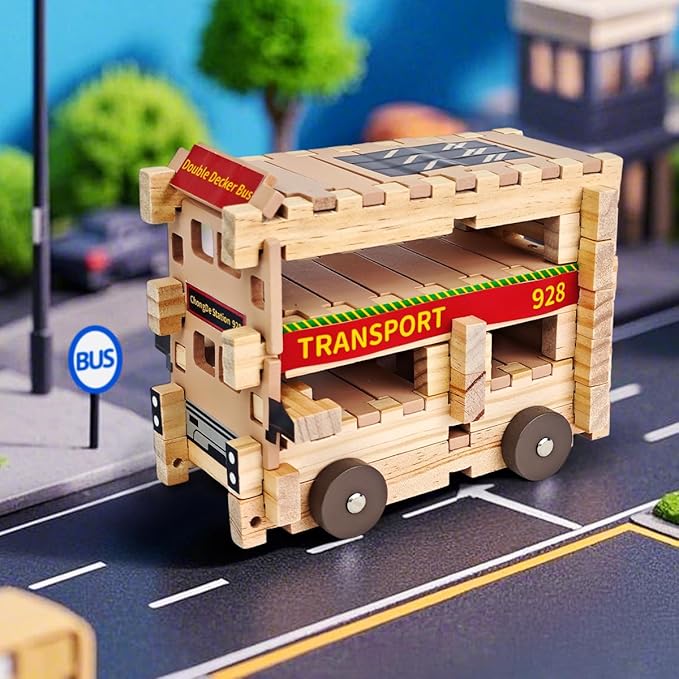 Jovi-mindly＆Notchies Wooden Blocks Train Set 101 PCS Create 40+ Shapes,Toys Educational Wooden Building Blocks Puzzles for Kids Ages 5-8 Boys and Girls,Truck/Excavator,FSC Certified,Graduate Gifts