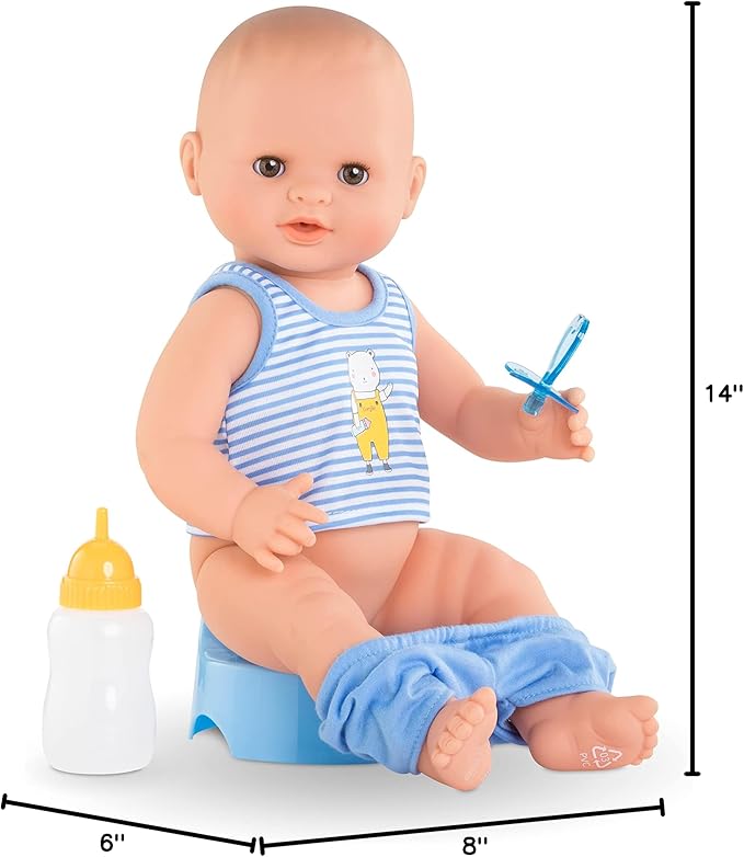 Corolle Drink and Wet Bath Baby Paul - 14” Boy Baby Doll with 3 Accessories - Bottle, Potty, and Pacifier - Really Drinks and Goes Potty, for Kids Ages 2 Years and up