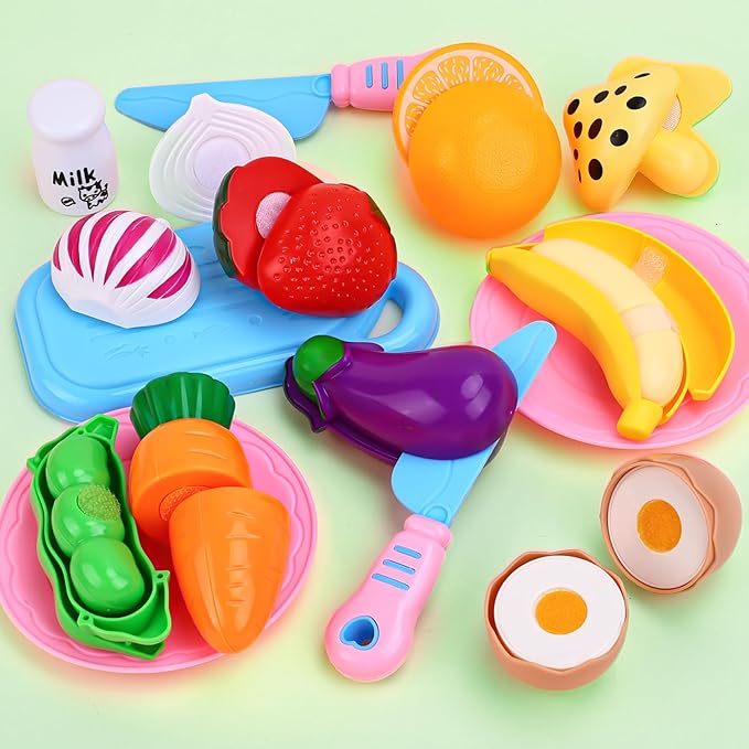 AROIC 92PCS Play Food, Toddler Kitchen Accessories Food Toys with Cutting Fruits & Vegetables, Plastic Mini Dishes Shopping Basket and Knife, Pretend Play Gift Kitchen Playset Velcro Cutting Toys