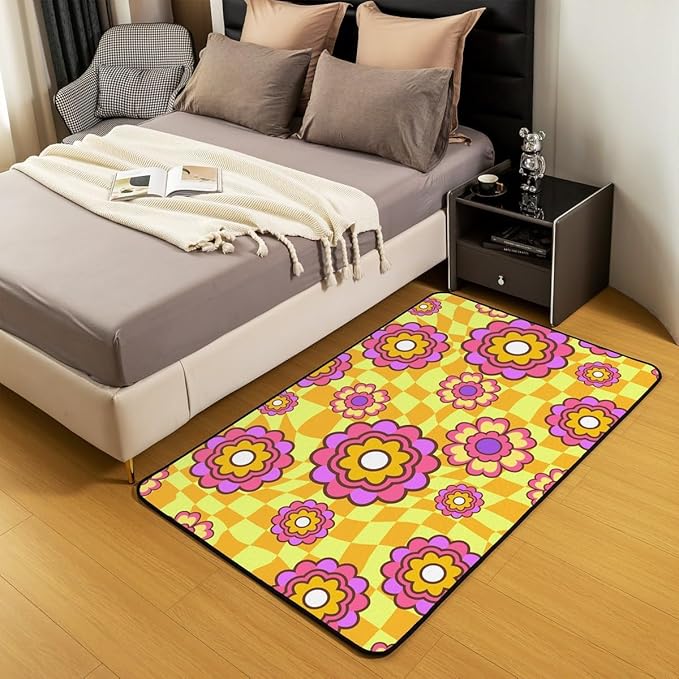 Colorful Flower Area Rug 5x7 Hippie 70S Groovy Floral Power Rug Gold Abstract Checkered Carpet for Kids Girls, Aesthetic Psychedelic Non Slip Decorative Rug for Living Room