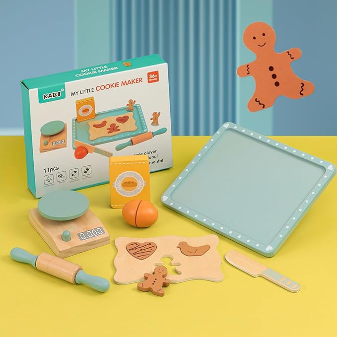 Wooden Cookie Bake Play Food Set, Pretend Play Cookies and Baking for Toddlers, Montessori Play Kitchen Accessories Wooden Food Set for Kids (Cookie Maker)