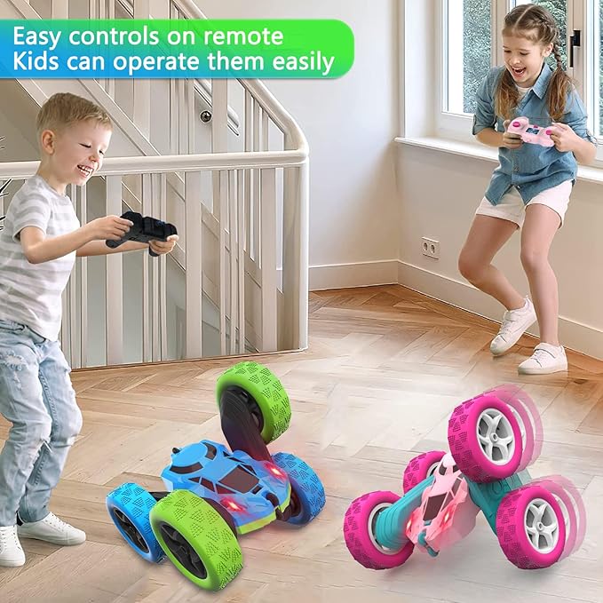 cosone Remote Control Car Toys for Boys - 4WD 2.4Ghz Double Sided 360° Rotating All Terrain RC Cars with Cool Lights, Kids Birthday for Boys-Blue&Green