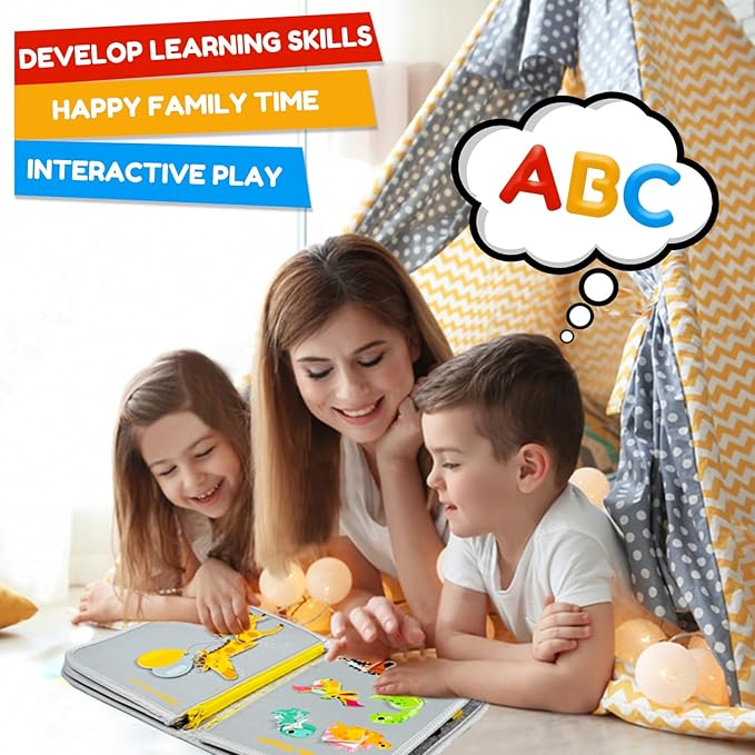 Qizfun Busy Board Book Montessori Toys for 1 2 3 4 Year Old, Boy Girl Birthday Gifts, Educational Sensory Learning Toys for Toddlers 1-3, Car Airplane Travel Activities Toys for Kids Ages 2-4 Year Old