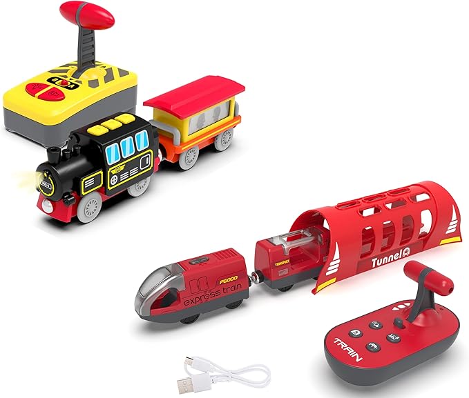 Remote Control Locomotive Train with Tunnel for Wooden Tracks, Motorized Train Toy Compatible for Thomas, Brio, Chuggington