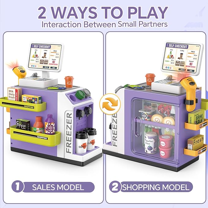 46PCS Cash Register Playset for Kids Pretend Play Coffee Machine with Water Outlet Function, Mini Supermarket Grocery Store with Money, Scanner,Play Foods, Gift for Boys and Girls (Purple)