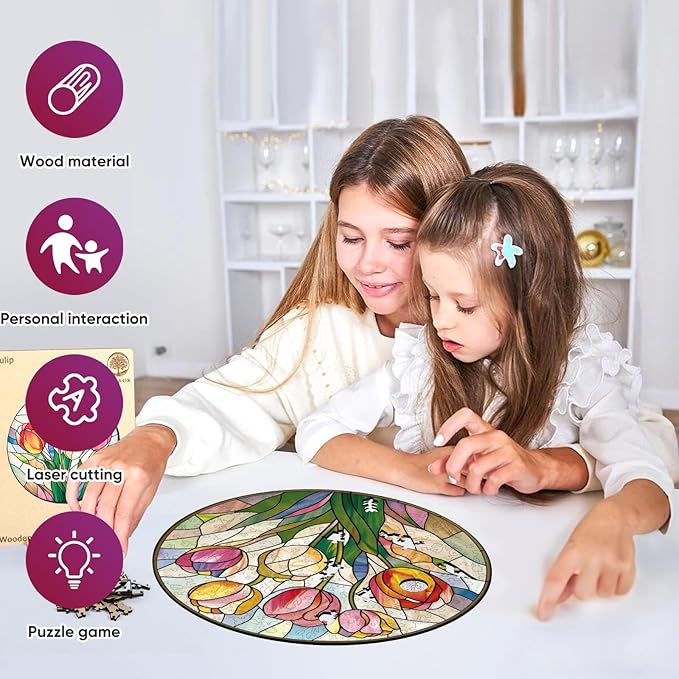 Puzzles for Adults, Tulip Wooden Puzzles 200 Pieces, 5MM Thick Unique Shaped Flower Plant Jigsaw Puzzles Birthday Gifts for Kids Family Game 11.2 * 11.2inch