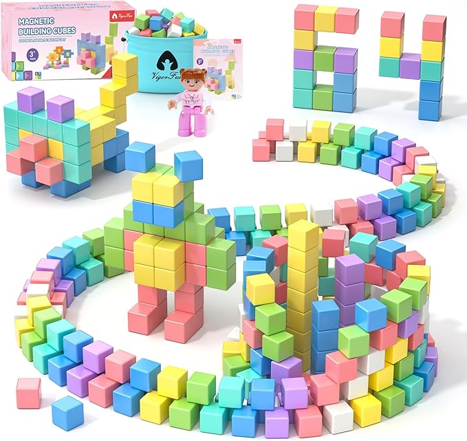 64PCS Magnetic Blocks Set, Magnet Building Blocks with Toy Figurine and Storage Bag for Kids Gifts, STEM Educational Preschool Sensory Toys for Toddlers Boys Girls Ages 3 4 5 6 7 8 +(Macaron Color)