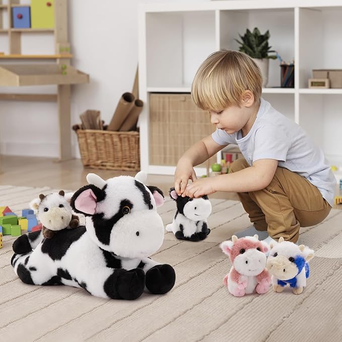 MorisMos 5Pcs Cow Plush Stuffed Animals, 16inch Mom Cow with 4 Babies, Realistic Stuffed Cows Plushies Toy for Kids, Boys, Girls
