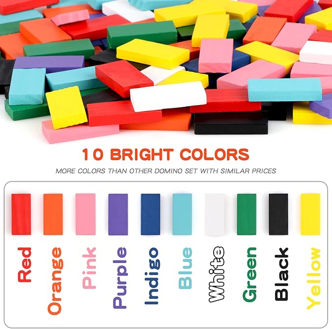 1000 PCS Dominoes Set for Kids with Extra 11 Blocks, Wooden Building Blocks 10 Colors Dominoes Racing Tile Games Educational Toy for Kids Birthday Party with Storage Bag