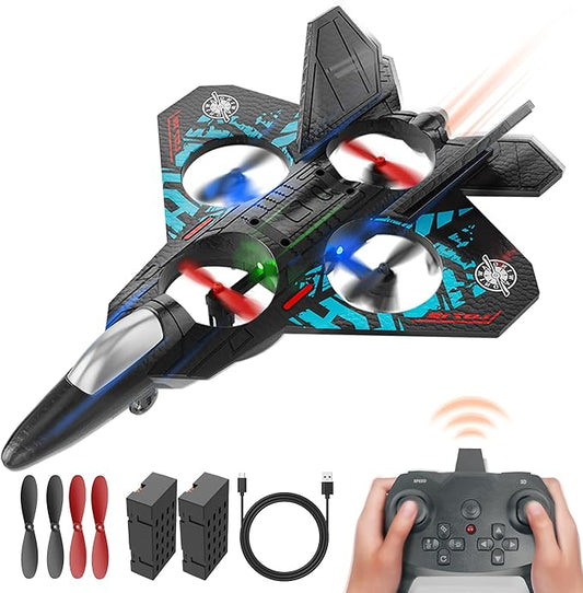 BEZGAR Drones for Kids | 2.4GHZ RC Plane, 6-axis Gyro Remote Control Airplane, RC Helicopter, 360° Flip Fighter Jet Toy with Colorful LED Navigation Light Blue