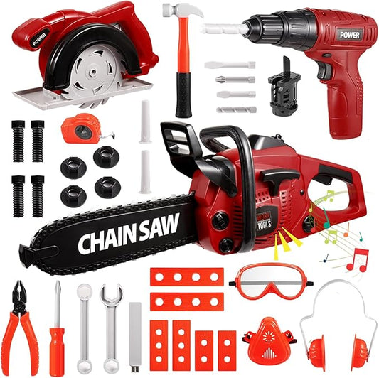 Vextronic Kids Tool Set 36 PCS with Toy Chainsaw Electronic Toy Drill with Sound and Light, Pretend Play Kids Tool Box Construction Toy, Great Toy Tool Set for Toddlers Boys Girls Ages 3+