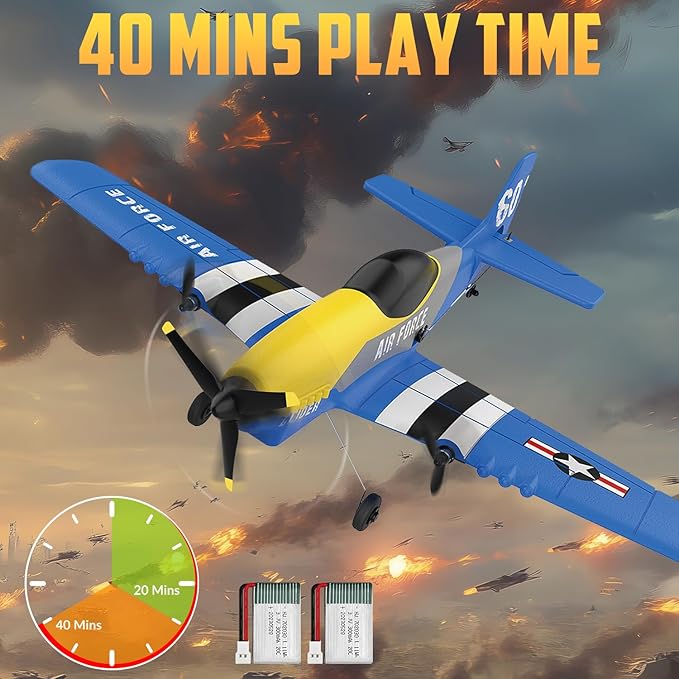 HAWK'S WORK 3 Channel RC Plane P-51D Mustang, Remote Control Airplane Ready to Fly, 2.4GHz 6-axis Gyro Stabilizer, Easy to Fly for Kids & Beginners