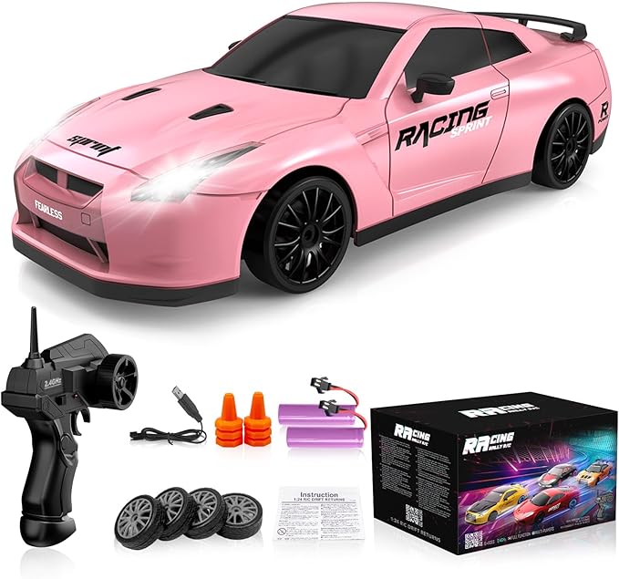 Remote Control Car RC Drift Car 2.4GHz 1:24 Scale 4WD 15KM/H High Speed Model Vehicle with LED Lights Drifting Tire Racing Sport Toy Car for Adults Boys Girls Kids Gift 2Pcs Rechargeable Batteries