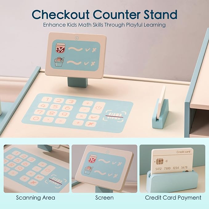 ROBUD Grocery Store Playset, Kids Play Store, Wooden Supermarket Playset with Cash Register, Chalkboard, Vending Machine, Coffee Machine, Oven, Play Food Accessories, Gift for Boys Girls 3+