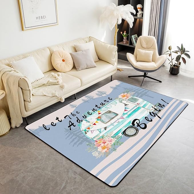 Erosebridal Camper Adventure Area Rug 5x7 RV Car Rug for Kids Boys Girls Cartoon Spring Flowers Mountain Travel Carpet Blue Pink Abstract Botanical Non Slip Accent Rug