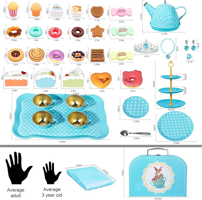 Tea Party Set for Little Girls, 49PCS Princess Tea Time Toys Including Tea Set Dessert Carrying Case, Kids Kitchen Pretend Playset (Bunny Tea Party Set Blue)