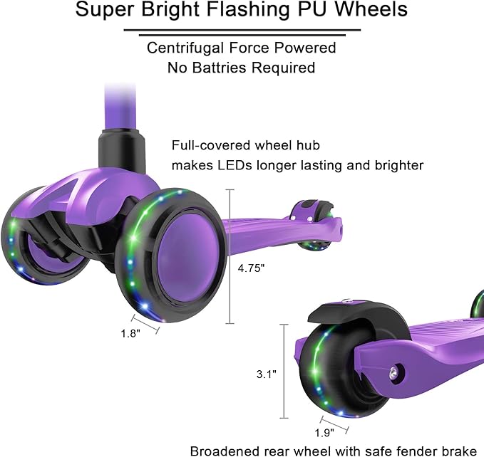 Allek Kick Scooter B03, Lean 'N Glide 3-Wheeled Push Scooter with Extra Wide PU Light-Up Wheels, Any Height Adjustable Handlebar and Strong Thick Deck for Children from 3-12yrs (Purple)