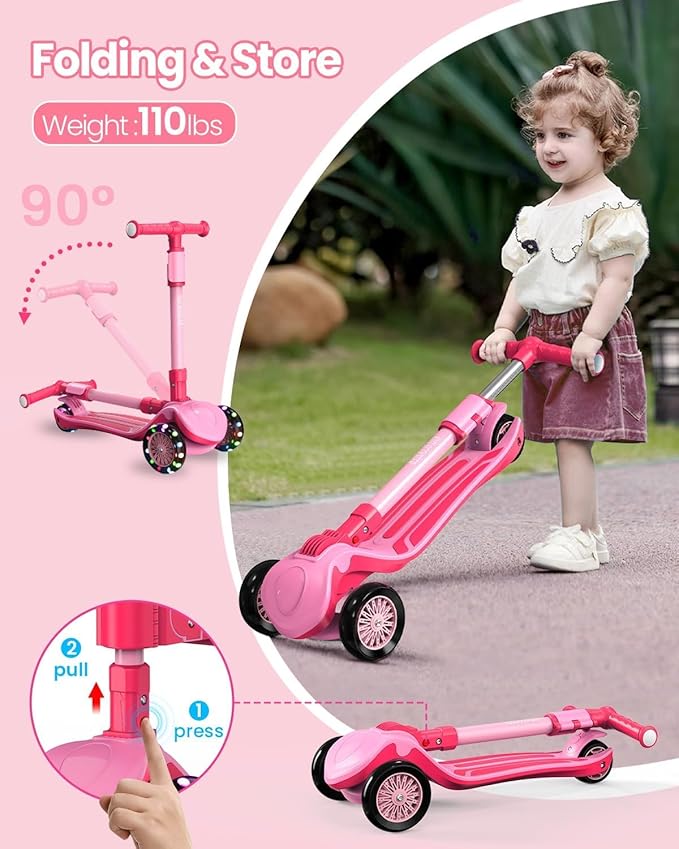 2-in-1 Adjustable Kick Scooter for Kids 3-5 (Suitable 3-12 Years),5-Level Handlebar & Removable Seat, LED Light-Up Wheels, Wide Deck, Foldable Design for Indoor/Outdoor Use - Girls & Boys