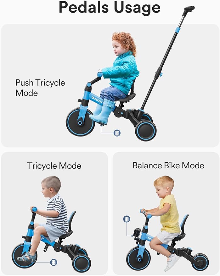 besrey 5 in 1 Toddler Bike, Toddler Tricycle for 1-3 Year Old, Trike with Push Handle, Backrest and Safety Belt, Birthday Gifts and Toys for Boys and Girls, Balance Bike