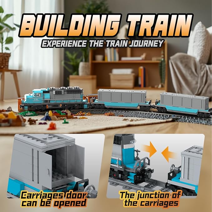 Train Building Block Set, Freight Cargo Internal Combustion Locomotive Model Building Toys, Gift for Kids Age 8+/Adult (1078 Pieces, with 32 Rails and Rechargeable Motor)