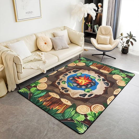Erosebridal Campfire Area Rug 4'11" x 3'3" Tree Stump Rug for Teens Kids Fun Woodland Campsite Summer Happy Camping Carpet Cartoon Stones Green Tree Non Slip Living Room Rugs