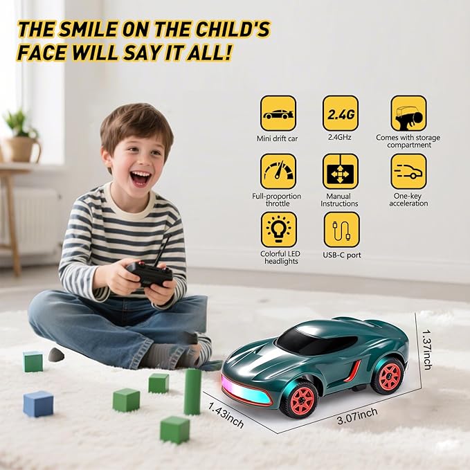 RC Drift Car 1/64 Scale Mini RC, 2.4Ghz Micro Turbo Racing 4WD Desktop Remote Control Rally Car with LED Lights for Adults Kid Toys Gift (Matte Green Concept Model)