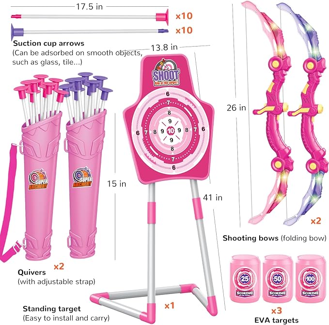 GMAOPHY Bow and Arrow Toys with LED Flash Lights, Birthday Gift for Girls 4 5 6 7 8 9 10 Year Old, Archery Set Indoor Outdoor Activity with 20 Suction Cup Arrows, 2 Targets & Quiver, Kids Sport Toys